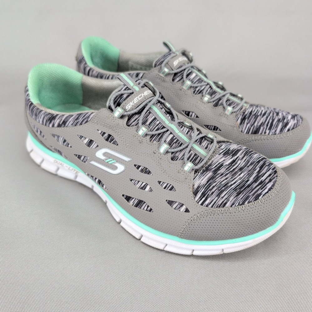 Skechers Dual-Lite Sneakers Women 10 Grey Mint Green Memory Foam Bungee Laces